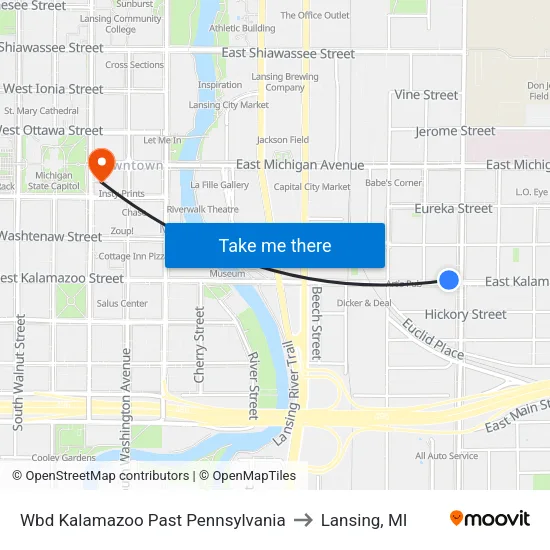 Wbd Kalamazoo Past Pennsylvania to Lansing, MI map