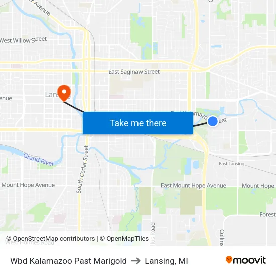 Wbd Kalamazoo Past Marigold to Lansing, MI map