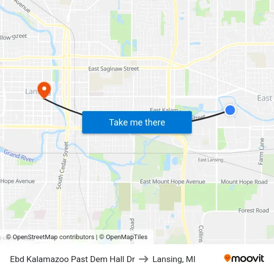 Ebd Kalamazoo Past Dem Hall Dr to Lansing, MI map