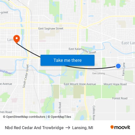 Nbd Red Cedar And Trowbridge to Lansing, MI map