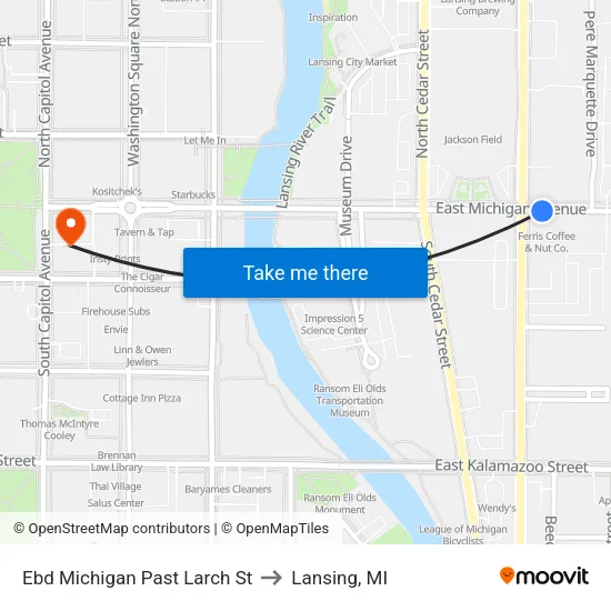 Ebd Michigan Past Larch St to Lansing, MI map