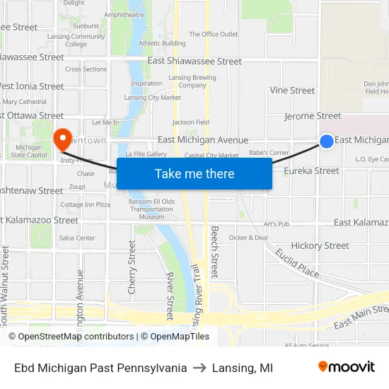 Ebd Michigan Past Pennsylvania to Lansing, MI map