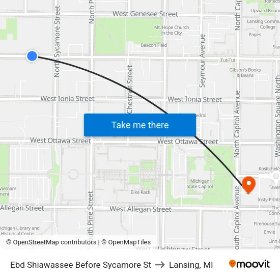 Ebd Shiawassee Before Sycamore St to Lansing, MI map