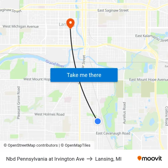 Nbd Pennsylvania at Irvington Ave to Lansing, MI map