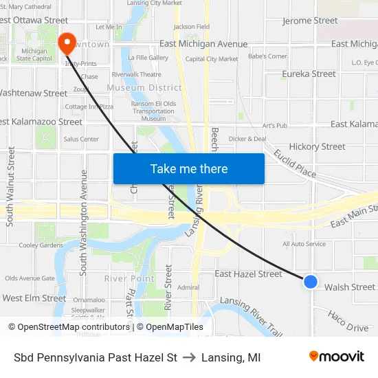 Sbd Pennsylvania Past Hazel St to Lansing, MI map