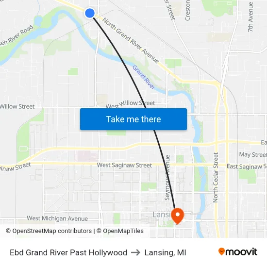 Ebd Grand River Past Hollywood to Lansing, MI map