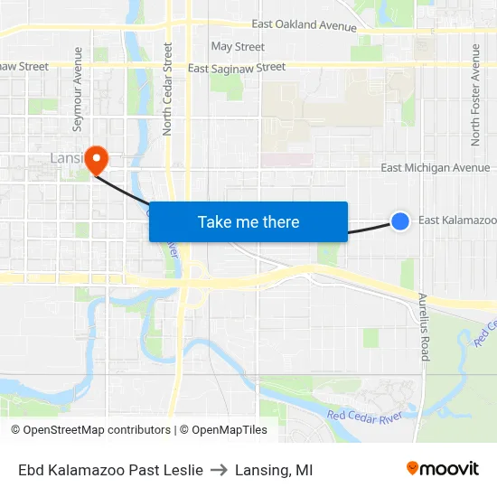 Ebd Kalamazoo Past Leslie to Lansing, MI map