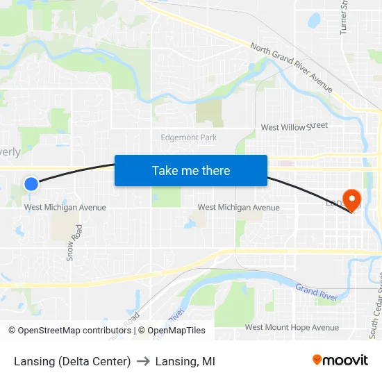 Lansing (Delta Center) to Lansing, MI map