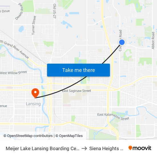 Meijer Lake Lansing Boarding Center (East Side) to Siena Heights University map