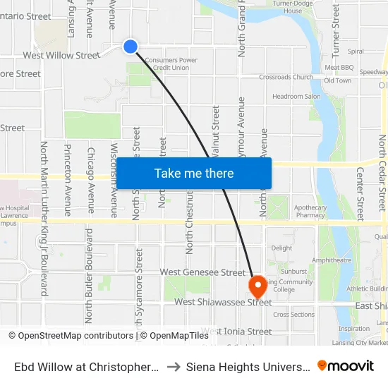 Ebd Willow at Christopher St to Siena Heights University map