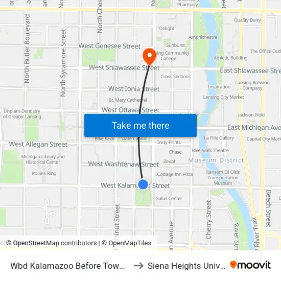 Wbd Kalamazoo Before Townsend St to Siena Heights University map