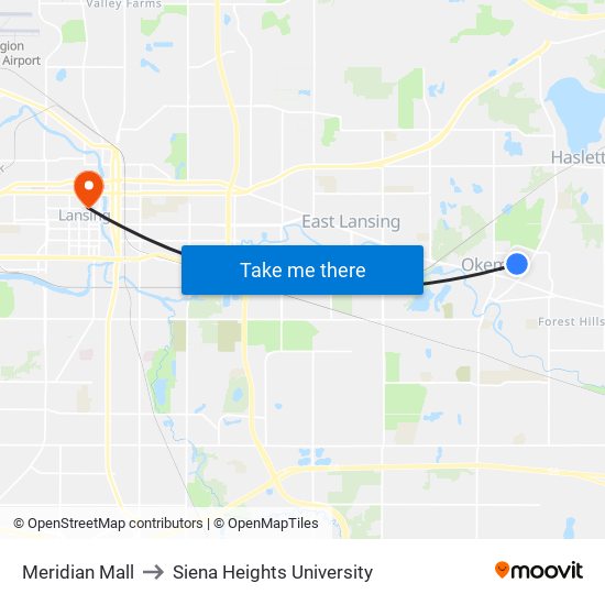 Meridian Mall to Siena Heights University map