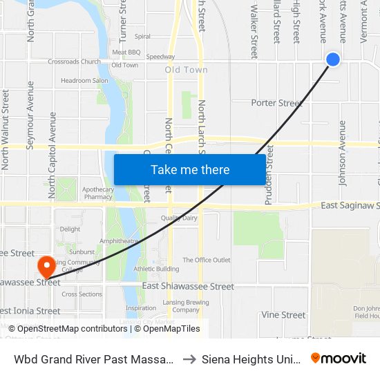 Wbd Grand River Past Massachusetts to Siena Heights University map