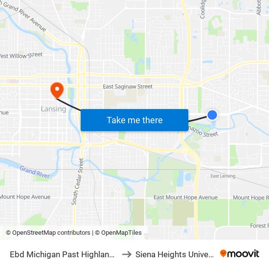 Ebd Michigan Past Highland Ave to Siena Heights University map