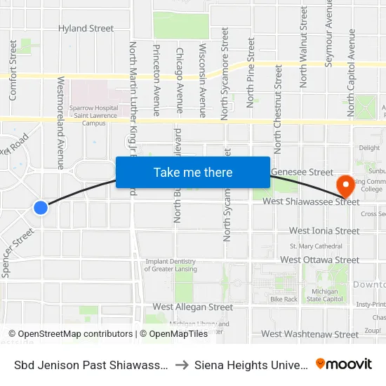 Sbd Jenison Past Shiawassee St to Siena Heights University map