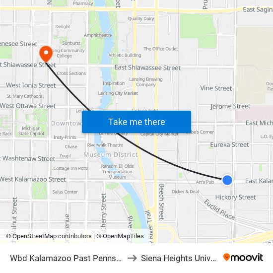 Wbd Kalamazoo Past Pennsylvania to Siena Heights University map