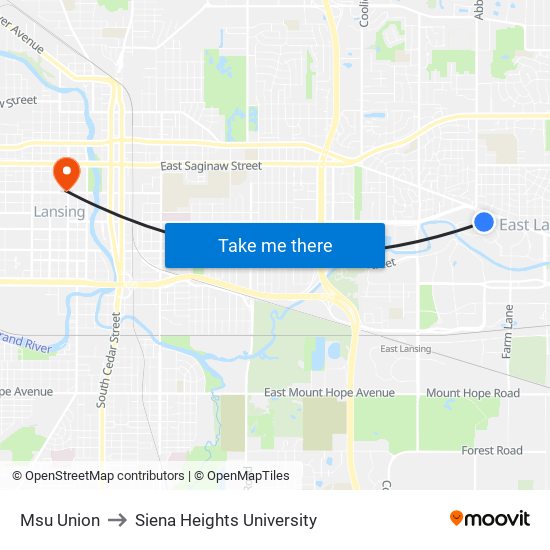 Msu Union to Siena Heights University map