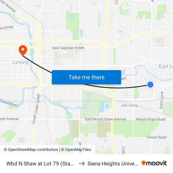 Wbd N Shaw at Lot 79 (Stadium) to Siena Heights University map