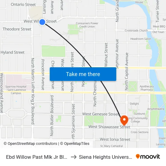 Ebd Willow Past Mlk Jr Blvd to Siena Heights University map