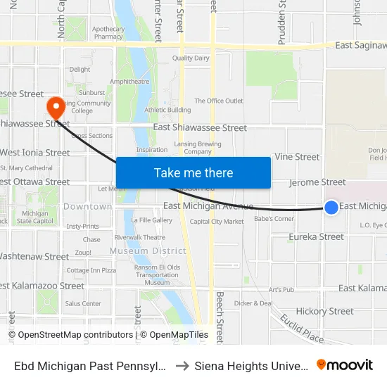 Ebd Michigan Past Pennsylvania to Siena Heights University map