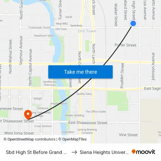 Sbd High St Before Grand River to Siena Heights University map