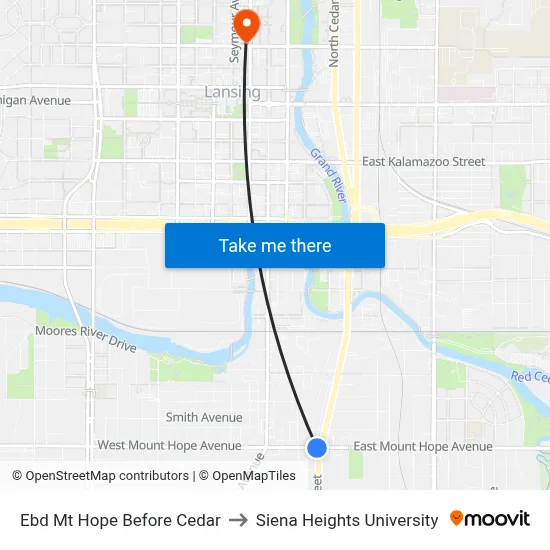 Ebd Mt Hope Before Cedar to Siena Heights University map