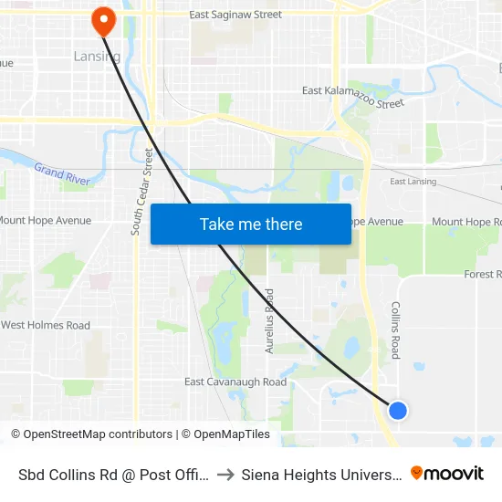 Sbd Collins Rd @ Post Office to Siena Heights University map