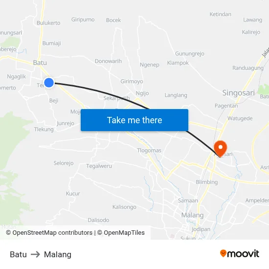 Batu to Malang map