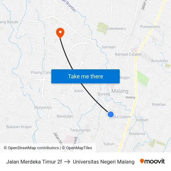 Jalan Merdeka Timur 2f to Universitas Negeri Malang map