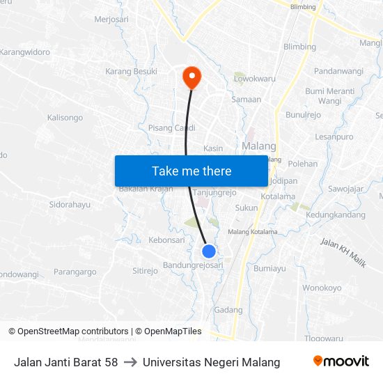 Jalan Janti Barat 58 to Universitas Negeri Malang map