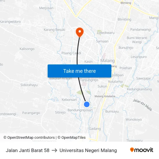 Jalan Janti Barat 58 to Universitas Negeri Malang map
