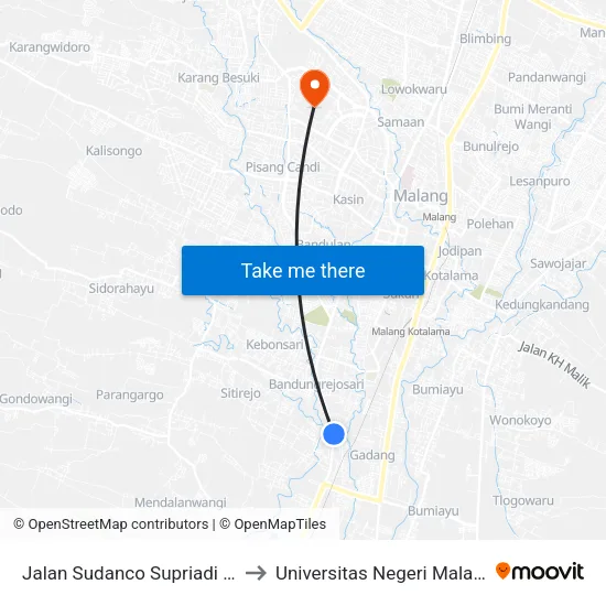 Jalan Sudanco Supriadi 73 to Universitas Negeri Malang map