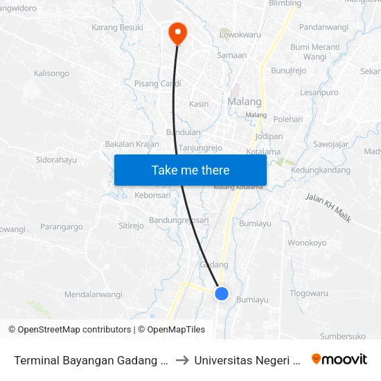 Terminal Bayangan Gadang Bumiayu to Universitas Negeri Malang map