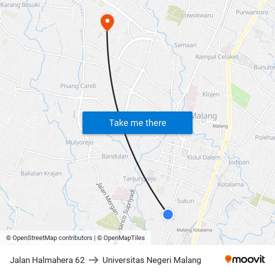 Jalan Halmahera 62 to Universitas Negeri Malang map