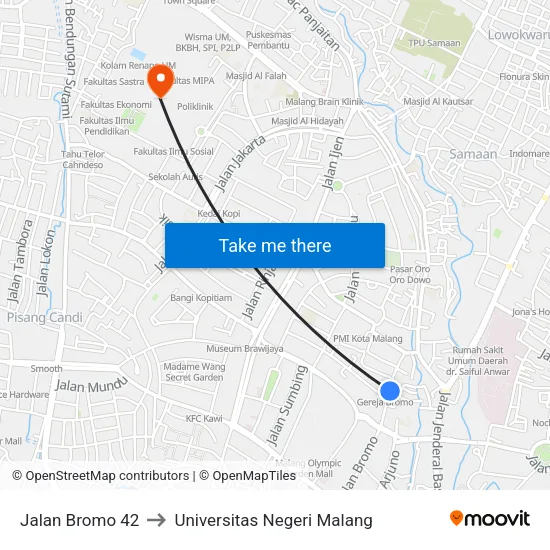 Jalan Bromo 42 to Universitas Negeri Malang map