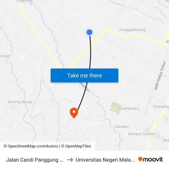 Jalan Candi Panggung 21 to Universitas Negeri Malang map