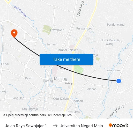 Jalan Raya Sawojajar 100 to Universitas Negeri Malang map