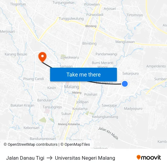 Jalan Danau Tigi to Universitas Negeri Malang map