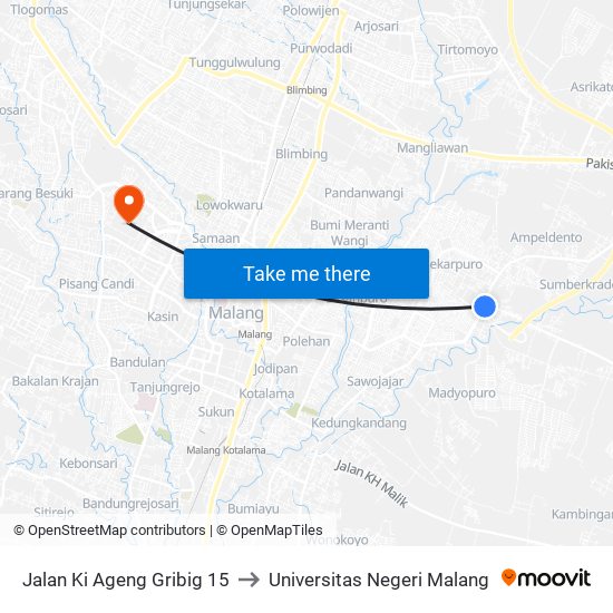 Jalan Ki Ageng Gribig 15 to Universitas Negeri Malang map