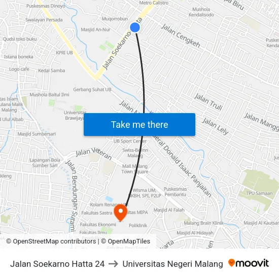 Jalan Soekarno Hatta 24 to Universitas Negeri Malang map