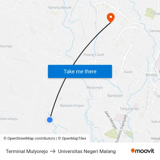 Terminal Mulyorejo to Universitas Negeri Malang map