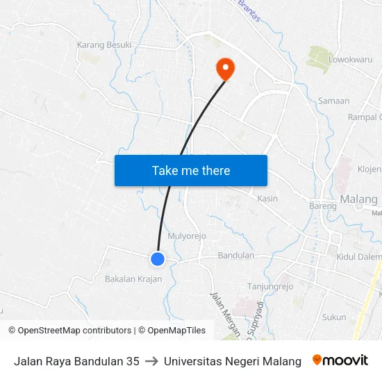 Jalan Raya Bandulan 35 to Universitas Negeri Malang map