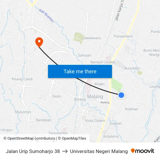 Jalan Urip Sumoharjo 38 to Universitas Negeri Malang map