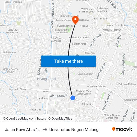 Jalan Kawi Atas 1a to Universitas Negeri Malang map