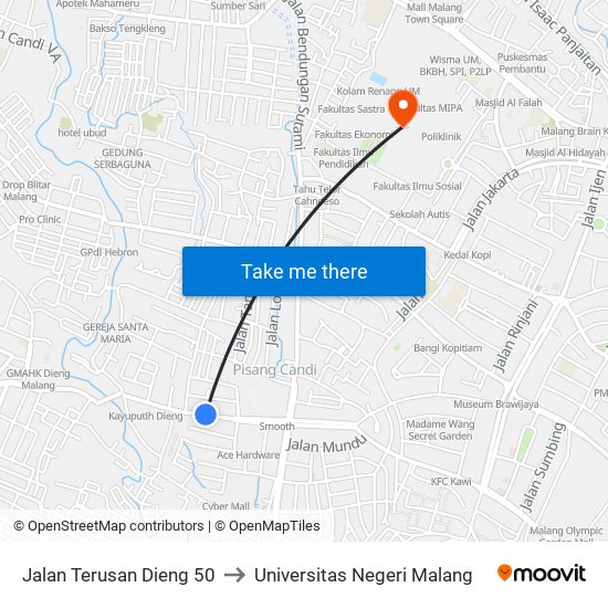 Jalan Terusan Dieng 50 to Universitas Negeri Malang map