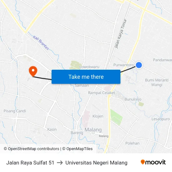 Jalan Raya Sulfat 51 to Universitas Negeri Malang map