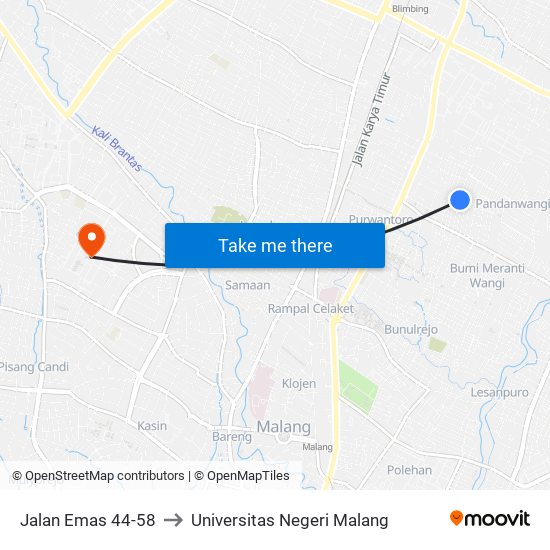 Jalan Emas 44-58 to Universitas Negeri Malang map