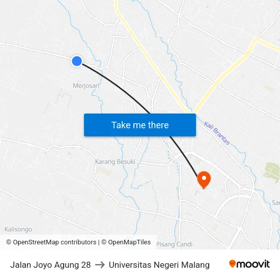 Jalan Joyo Agung 28 to Universitas Negeri Malang map