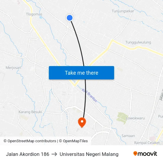 Jalan Akordion 186 to Universitas Negeri Malang map
