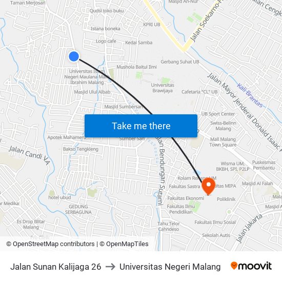 Jalan Sunan Kalijaga 26 to Universitas Negeri Malang map